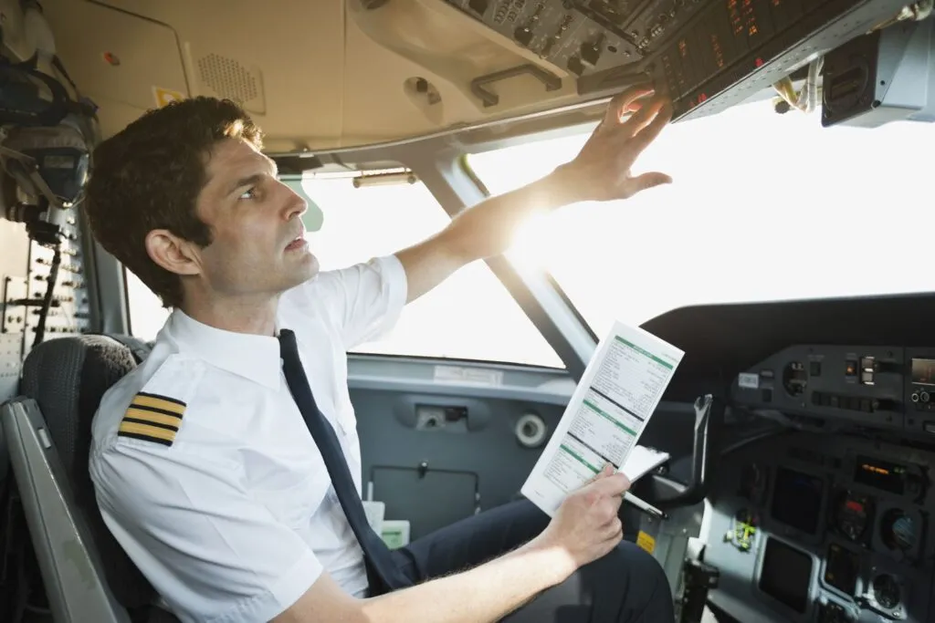 Pilot in aircraft cockpit ready for ICAO English exam